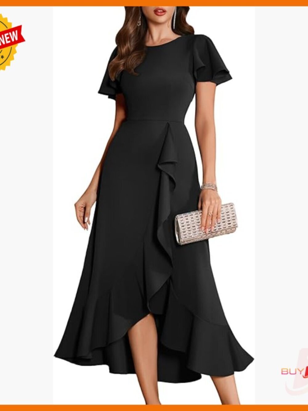 Flutter Sleeve Formal Cocktail Dress, Fitted Bodice, Asymmetrical Ruffle Hem